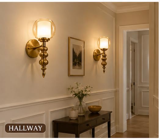 Image of Modern Brass Wall Light with Golden and White Double Glass Shade, Golden Finish, Vintage Wall Sconce Ideal for Bedroom, Living Room, Hallway, Home Decor with Tri-Colour Bulb
