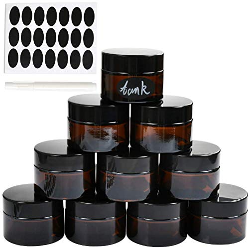 OFNMY 10pcs Bouteilles en Verre polyvalentes (30g) + 1 Autocollant + 1 Stylo pour Une Utilisation dans des Bouteilles de médecine, des confitures, des crèmes, des Bouteilles de Lotion (Marron)