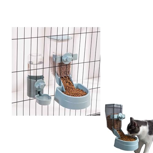 ペット給水器 猫 水飲み器 犬みずのみ機 ペット用 吊り下げ式自動給水・ペットボトル 使用可能 取付型 犬猫両用 飲水器 給水器 ペット用品 お留守番対応 熱中症を防ぐ 転倒防止 漏れ防止 水飲み器と給餌器セット (給餌と飲料水,青)