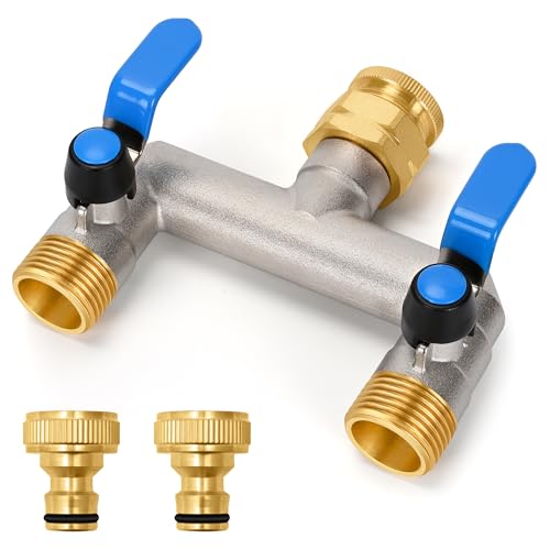 Wasserverteiler 2Fach, Durchflussstarker Wasserverteiler 2 Wege, Garten Verteiler mit zwei blauen Verlängerungsgriffen aus Edelstahl 304, 3/4 Zoll Adapter für Haus, Hof/Waschmaschine (Großer Strom)