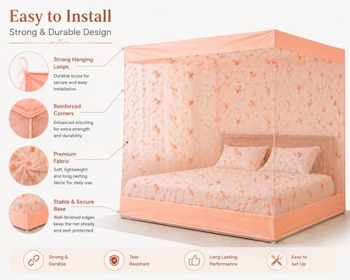 Image of ANS Floral Mosquito Net for Bed with Cotton Border | 7 x 7 Ft King Size Bed Net | Fine Mesh Breathable Fabric | Box Type Hanging Mosquito Net for Family & Kids (Peach Floral)