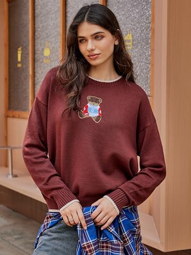 Image of CIDER Women's Fall Sweaters Long Sleeve Cute Sweaters Bear Graphic Crewneck Soft Knit Casual Cropped Pullover