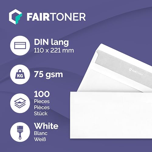 FairToner Briefumschlag DIN Lang Selbstklebend, (100 Stück) mit Innendruck in Folienpackung-eingeschweißt, weiß ohne Fenster