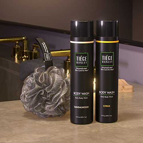 Tiege Hanley Daily Body Wash for Men 2 PACK + BODY SCRUBBER| Gently Removes Dirt, Sweat and Oil | 1 Sandalwood Scent, 1 Citrus Scent | 10 fluid ounces each | 1 BODY SCRUBBER | Made in the USA