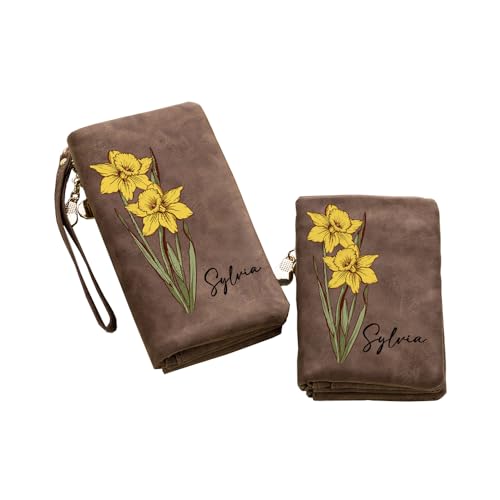 Monedero de cuero personalizado para mujer, con nombre personalizado, flor natal en acuarela, triple compartimento, correa para la muñeca, bolsillo largo para el móvil, ideal para mamá,esposa o abuela