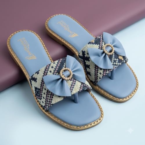 Image of Women's Printed Bow Detail Flat Sandals | Casual Comfort Slippers for Girls