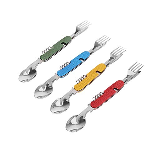 4 peças de utensílios de acampamento 3 em 1 de aço inoxidável para garfo, faca portátil para uso ao