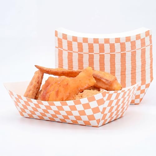 Yaure Joy No Folding Required 50 Pcs 2lb Gingham Party Supplies Disposable Paper Food Trays for Shower Wedding Tea Party Supplies Nacho Snack (Orange)