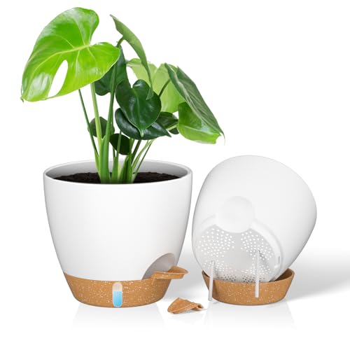 ZMTECH 25 cm Pflanztöpfe Mit Bewässerungslippe - Selbstbewässernd Mit Abflusslöchern und Herausnehmbarem Untersetzer - Kunststoff für Innen- und Außenbereich (Weiß, 2er-Set)