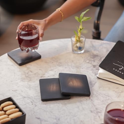 Image of Ireka Home Handmade Tamra Wooden Coasters (Set of 4) - Acacia Wood with Bold Black Vignette Design - Coffee Table Decor, Cup Coaster for Kitchen, Coffee Cups, Mugs & Glasses