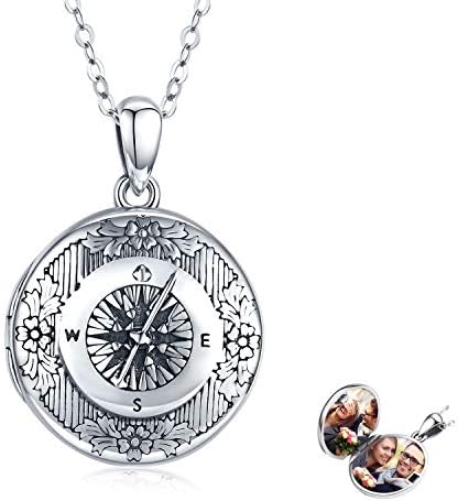 Compass Locket Necklace, Graduation Gift Locket Necklace That Holds Pictures Pendant 925 Sterling Silver Vintage Photo Locket Jewelry Gifts for Women Men Graduation Birthday