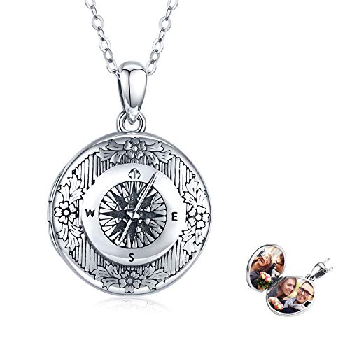 Compass Locket Necklace, Graduation Gift Locket Necklace That Holds Pictures Pendant 925 Sterling Silver Vintage Photo Locket Jewelry Gifts For Women Men Graduation Birthday #TOP3