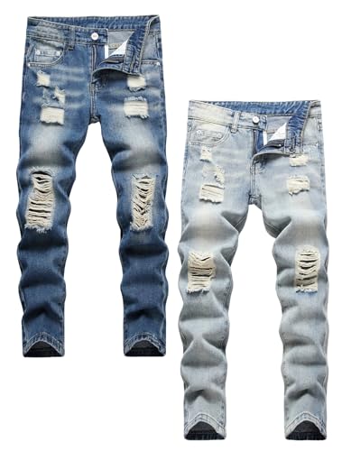 Anbreuinron Boy's Blue Ripped Jeans Stacked Skinny Fit Destroyed Distressed Fashion Comfy 2-Pack Denim Jeans Pants,12