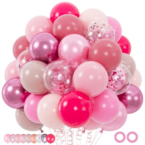 Image of 100pcs Pink Balloons Kit - 12 Inch Assorted Metallic Pearl Pastel Blush Pink Confetti Balloons for Birthday, Baby Shower, Anniversary, Wedding, Valentine's Party Decorations (2 Ribbons)