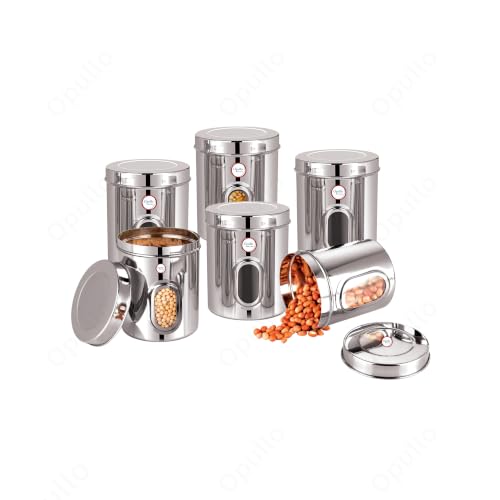 Image of Opullo Stainless Steel See Through Containers for Kitchen | Mirror Polished Stainless Steel Containers With Lid and Transparent Window | Multipurpose Dabba Set for Kitchen | Pack of 6 | 750 Gms
