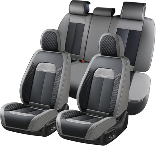 Image of FLORICH Full Set Car Seat Covers 5pcs, Breathable Waterproof Nappa Leather Seat Covers, Gary Seat Covers, Automotive Interior Cover Universal for Cars SUV Truck Sedan - Gary (Grey, Fullset)
