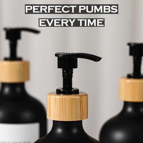 Shampoo and Conditioner Dispenser,16.9 fl oz Set of 3 Black Plastic Refillable Shower Shampoo Dispenser with Bamboo Tray, Reusable Pump Bottles with Labels for Bathroom Décor (Black+Bamboo Tray)4