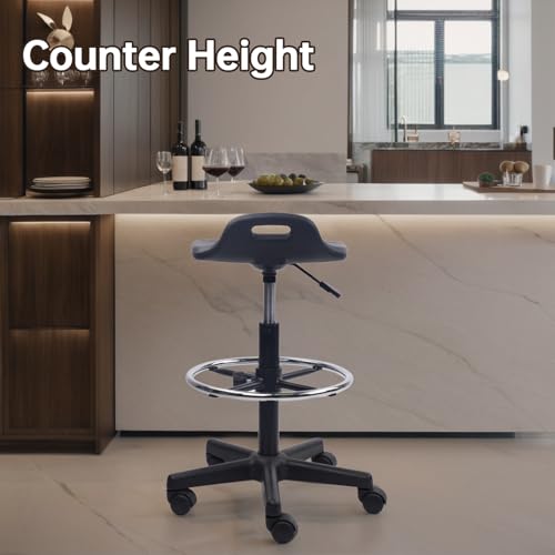 Image of KLASIKA Drafting Rolling Stool Adjustable Height with Foot Rest Breathable Seat Cushion Swivel Stools with Wheels, Multi-Purpose Work Stool for Shop, Task, Salon, Black, 1 Pack