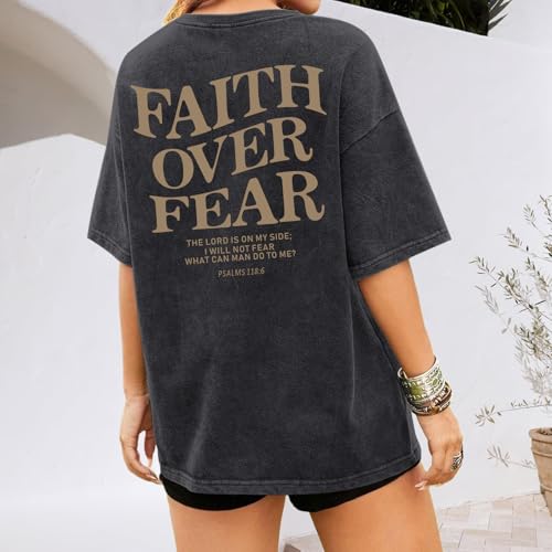 Faith Over Fear Christian Shirts for Women Oversized Jesus God Bible Verse Religious Tees Acid Wash Tshirts Tops4