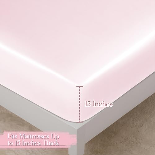 Image of Homiest Blush Pink TwinXL Ruffle Pillowcase & Satin Fitted Sheet Set 2Pcs | Silky Satin Protects Hair And Skin, 15-Inch Deep Pocket, Pearlescent Romantic Rosy Glow, Easy Machine Wash Care