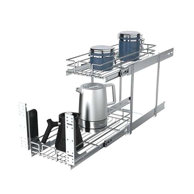 2 Tier Pull Out Cabinet Organizer, 9 W x 21 D Heavy-Duty Metal Sliding Drawer Shelf for Kitchen Cabinets, Chrome, Doesn't Include Door Fittings