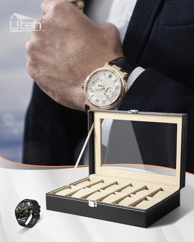Image of Uten Watch Organizer - 12 Slot PU Case with Glass Lid, Valentine's Day Gift, Watch Display Box with Removable Pillow, Metal Clasp
