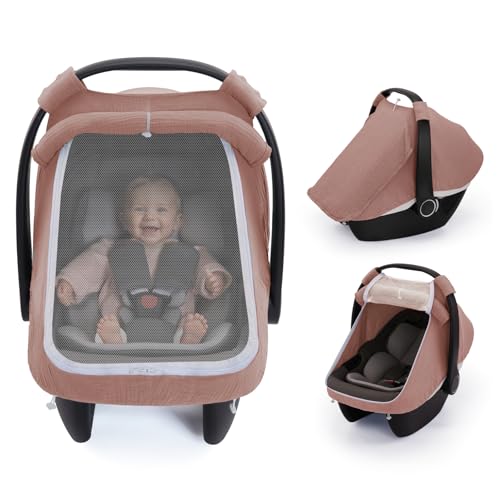 Image of Blissful Diary Baby Car Seat Cover, Extra Large Mesh Window, Breathable Muslin Cotton, Infant Windproof Canopy-Dusty Pink
