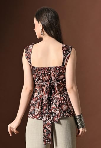 Image of Amazon Brand - Tavasya Women Floral Printed Short Kurti | Stylish Square Neck & Back Back Design with String Ties | Sleeveless Modern Top