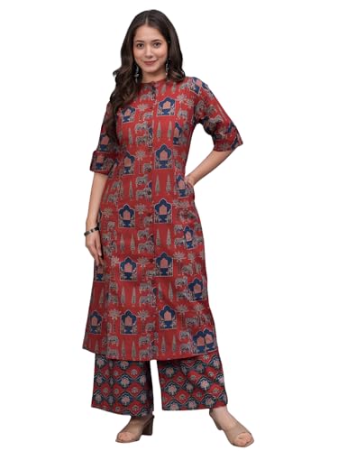 Image of Leriya Fashion Women Printed Kurta Set with Palazzo Pants | Straight Kurta with 3 /4 Sleeves | Ethnic Jaipuri Kurtis Palazzo Set for Women | Kurti for Daily Office & Casual