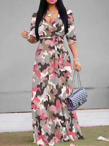 Image of Plus Size Dresses for Women Print Maxi Dresses 3 /4 Sleeve with Belt