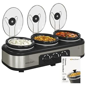 Sunvivi slow cooker with 10 cooking liners triple slow cooker buffet server 3 pot food warmer for parties with 3 spoonslid restsadjustable temp total 45 qt silver  urban country home decor