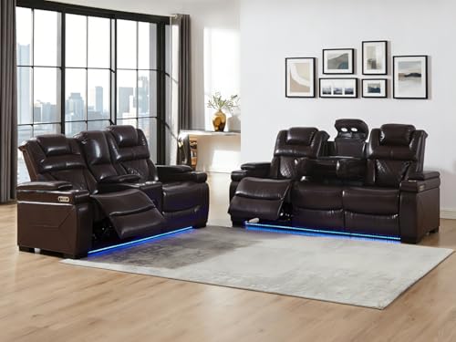 THSUPER Power Breathable Leather Reclining Sofa and Loveseat Set with