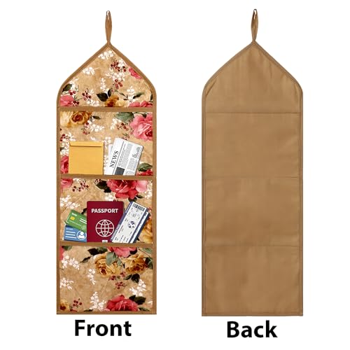Image of Urbane Home Paper Holder | Foldable Hanging Organizer | PVC Flower Design Document Holder | Wall Hanging Organizer with 3 Pocket | Pack of 2 | Beige