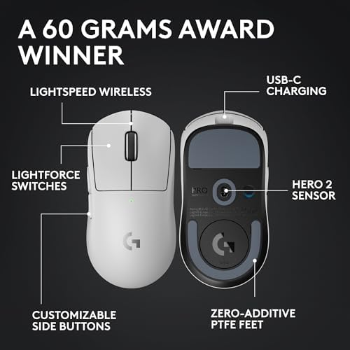 Logitech G PRO X Superlight 2 Wireless Gaming Mouse, 60 g pro-Grade Mouse with 5 programmable Buttons, 44k DPI Sensor, 8 kHz Report Rate, USB-C Charging for PC/Mac - White - 5