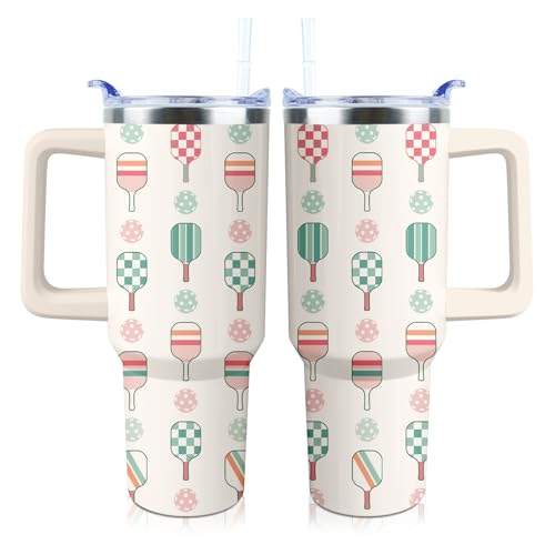 PERRIFIC Pickleball Mug 40 oz Tumbler with Handle Straw Lid Leak Proof