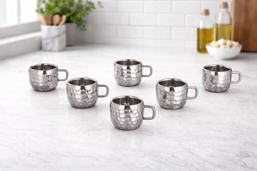 Image of Stainless Steel Hammered Tea Coffee Cup Set of 6 (90 ml) | Mirror Finish Chai Cups | Small Steel Tea and Coffee Mugs | Double wall Drinkware for Home Cafe | Steel Tea & Coffee Cup Set
