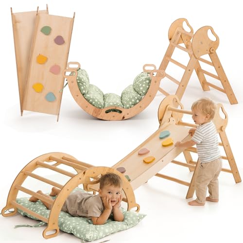 Goodevas 5-in-1 Montessori Klettergerüst Set: Indoor Kletterdreieck Kletterbogen mit Kissen und Rutsche für Kinder Indoor Spielplatz 1-3 Jahre