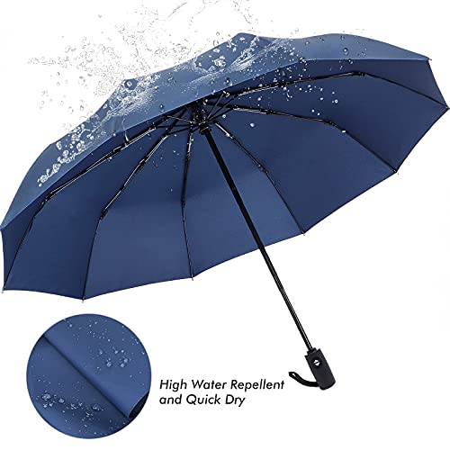 ZOMAKE Travel Umbrella Compact - 10 Ribs Portable Collapsible Umbrellas for Rain Windproof - Paraguas Automatic Small Folding Umbrella Lightweight Packable Umbrella for Women Men, Navy blue, Large