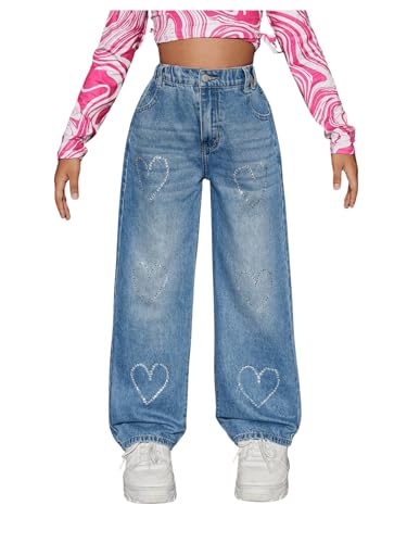 WDIRARA Girl's Heart Rhinestone High Waisted Baggy Jeans Wide Leg Denim Pants with Pockets