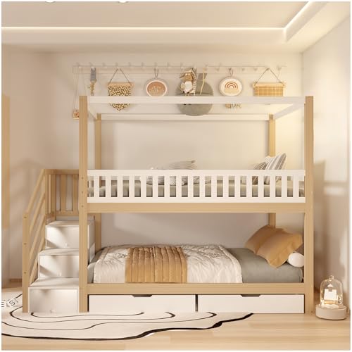 Lubvtti Litera Infantil con 2 cajones y Escalera de Almacenamiento, Cama de Matrimonio de Madera Maciza,literas Juveniles 90 x 200 cm, Cama Infantil con Barras de Seguridad, Blanco+Natural