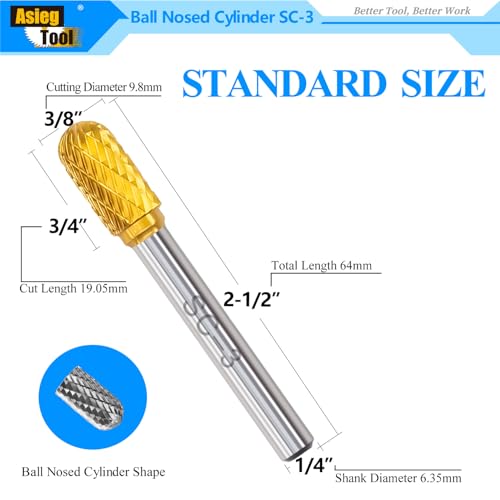 Image of SC-3 5pcs Tungsten Carbide Burr TiN Rotary File Cylindrical Ball Nose End Shape Double Cut for Die Grinder Drill Bits 1 /4'' Inch Shank and 3 /8'' Inch Diameter of Cutter 3 /4'' Inch Cutter Length
