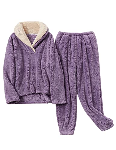 Image of Mens Fluffy Coral Fleece Pajamas Set Pullover Pants Loose Plush Warm Loungewear Sleepwear
