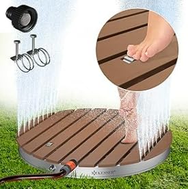 Ducha de piso para jardín redonda diámetro 70 cm con altura ajustable hasta 4 m, base de aluminio y superficie WPC antideslizante resistente al clima miniatura 5