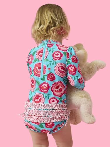 Image of RuffleButts Baby Girls UPF 50+ Sun Protection Floral Printed Long Sleeve One Piece Rash Guard Swimsuit with Zipper