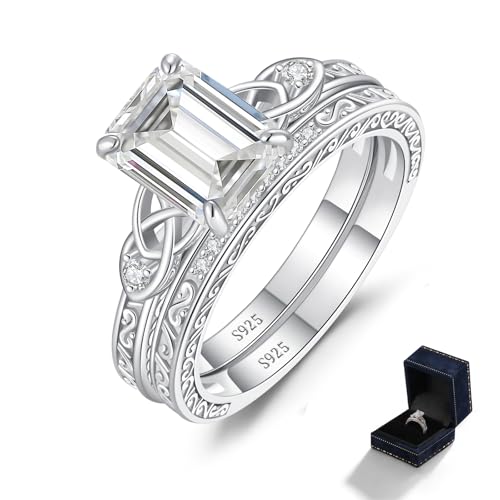 AVECON 3CT Moissanite Engagement Ring Set, Emerald-Cut Celtic Knot Design Sterling Silver Bridal Rings, D Color VVS1 Jewelry Gifts for Valentines Day Anniversary, Size 6