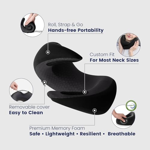 Image of Dream Valley Neck Travel Pillow, Memory Foam Travel Pillow for Airplane, Portable Roll-Up Neck Pillow with Cooling Inner Fabric, 360 Ergonomic Support, No Head Bobbing, Black