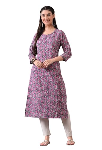 Image of Ichaa Women's Pure Cotton A-Line Katha-Work Ethnic Round-Neck Kurta with 3 /4th Sleeve for Daily and Office Wear, in Plus Sizes