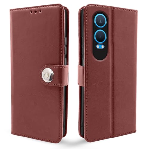 Image of Pikkme Flip Cover Leather Finish | Inside TPU with Card Pockets | Wallet Stand and Shock Proof | Complete Protection Button Flip Case for OnePlus Nord CE 4 Lite 5G (Brown)