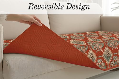 Image of Cloth Fusion 300 GSM Quilted Jaipuri Theme Printed 4 Seater Sofa Cover Mat-Style Fully Covered with Armrest Pockets, Adjustable Straps & Lock Fit (220 cm Seat Run, Diamond Trellis)