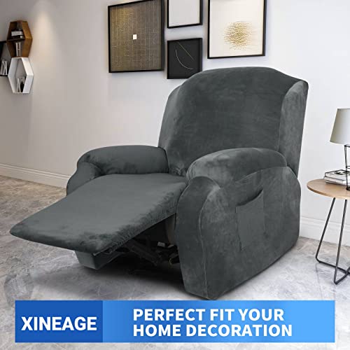 XINEAGE 4 Pieces Velvet Recliner Slipcover Stretch Recliner Chair Cover with Side Pocket Anti-Slip Fitted Recliner Cover Couch Furniture Protector with Elastic Bottom (Recliner - Image 2